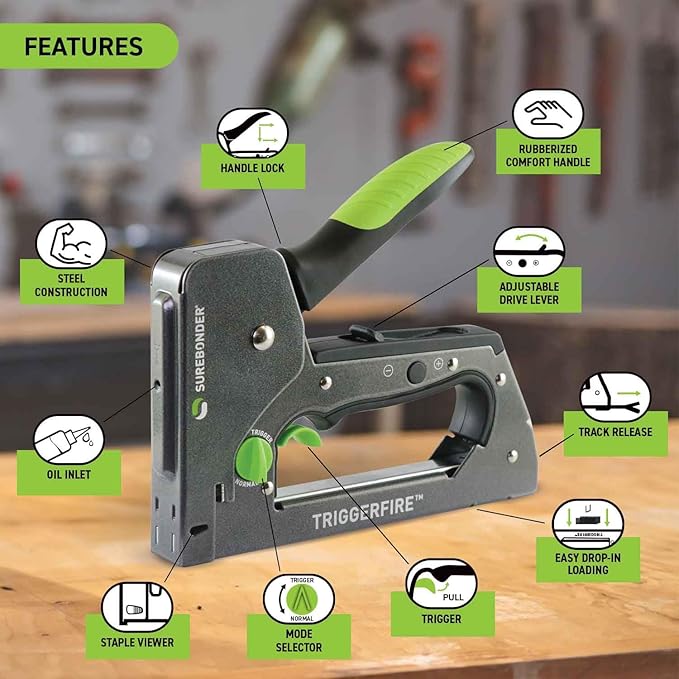Surebonder TRIGGERFIRE Heavy Duty Narrow Crown Staple Gun with Trigger Mode - Upholstery, DIY, Wood - Uses Surebonder #4 or Arrow T50 Staples - Tool Only (5625)