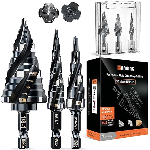 Four Spiral Flute Step Drill Bit for Metal,M35 Cobalt Unibit Step Drill Bit Set 1/4"-1" (30 pcs),Wear-Resistant AlTiN Coated,1/4" Hex Shank for Metal, Stainless Steel, Aluminum, Plastic