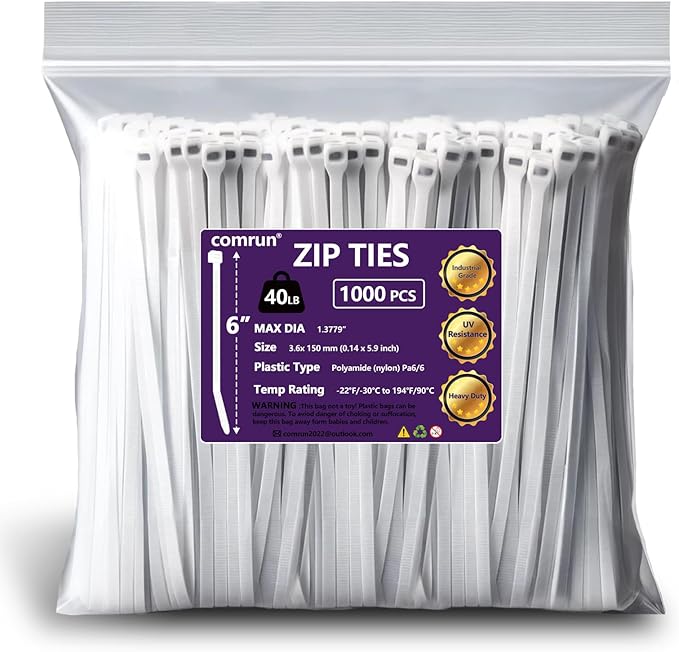 1000pcs 6Inch White Cable Tie,Nylon Zip Ties,Industrial Grade, 40 Pounds Tensile Strength, UV Resistant,Heavy Duty,for Home,Garden Trellis,Office,Garage and Workshop