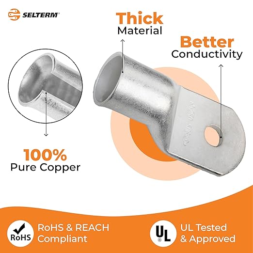 SELTERM 10pcs 250 MCM-5/16 Stud Tinned Copper Wire Lugs, Heavy Duty Battery Cable Ends,250 kcmil Ring Terminals, UL Battery Lugs Marine Grade Copper Eyelets Electrical Battery Terminal Connectors
