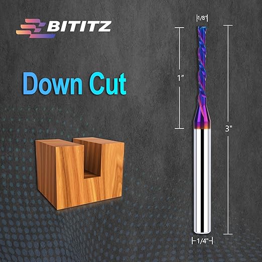 2PCS 1/4 Inch Shank 1/8 Inch Dia Downcut Spiral Router Bit - 1 Inch Cutting Length 3 Inch Overall Length| CNC Router Bits for Woodworking, Mortising, and Engraving