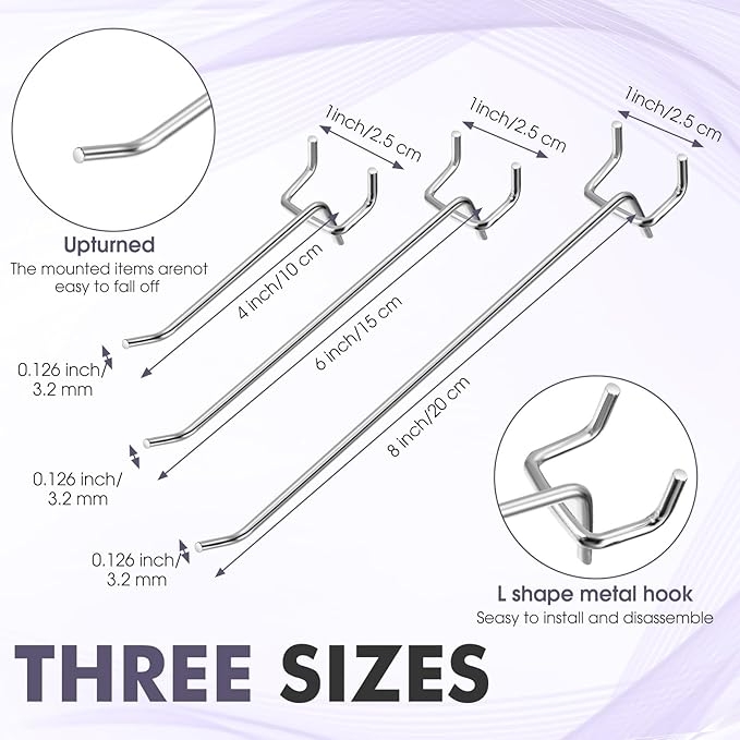 Hicarer 200 Pcs Stainless Steel Pegboard Hooks Multiple Sizes Fit 1/4" or 1/8" Pegboard Ideal for Garage Tool Organization, Wall Storage(4 Inch, 6 Inch, 8 Inch)