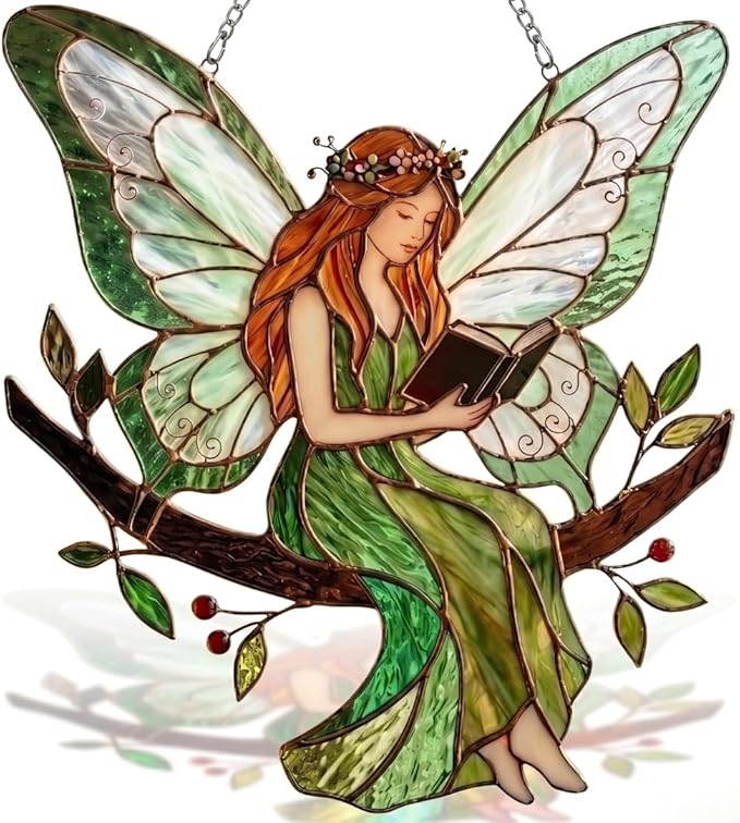 Stained Acrylic Fairy Reading a Book Suncatcher, Decorative Hanging Ornament by ALADAYQUINQUITMeetallneeds