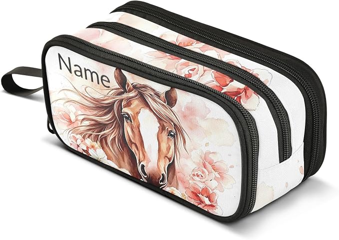 Custom Brown Horse Flower Pencil Case Box Boys Girls Personalized Name Large by BOENLE-WELCOMEYOURCOMING