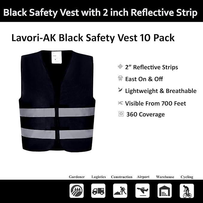 Safety Vests 10 Pack - Black Reflective High Visibility Construction ANSI Class 2 Work Vests for Men,Woman,Hi Vis and Neon Silver Strip