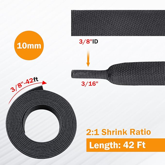 50% Woven Wire Loom Heat Shrink Braided Sleeving Shrinkable Fabric Cable Sleeve Braid Hose Covering Protection for Automotive Wire/Harness/Sheath (3/8"-42ft)