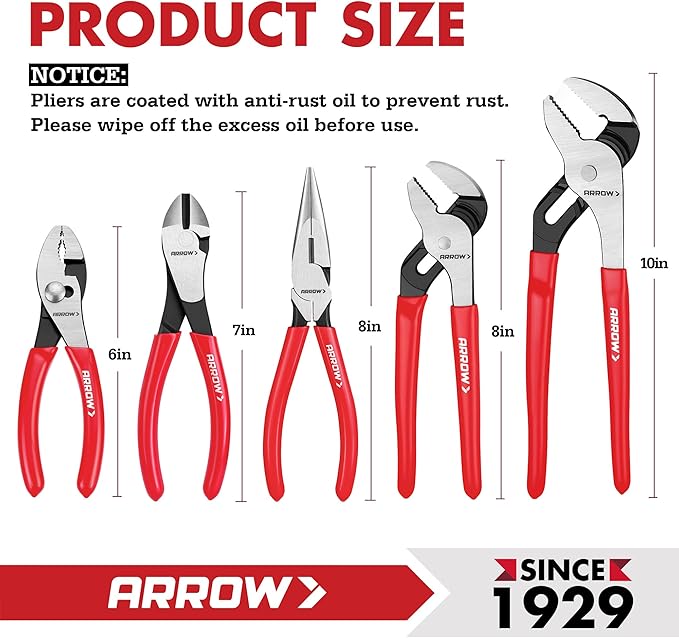 ARROW 5PCS Pliers Set, 6" Slip Joint, 7" Diagonal, 8" Needle Nose Pliers, 8"&10" Groove Joint with Non-slip Handle, Portable Rolling Bag With Handle, Premium Carbon Steel