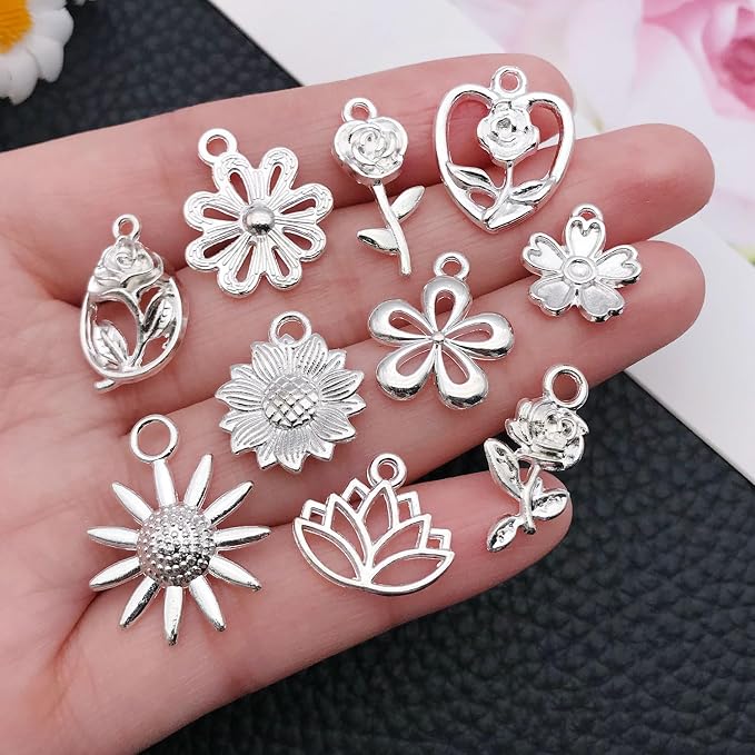 WOCRAFT 60pcs Bright Silver Flowers Bracelet Charms - Image 2