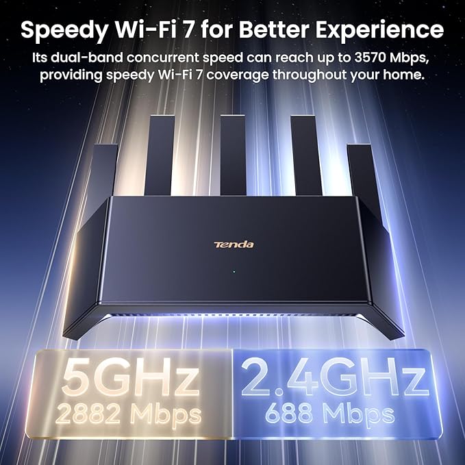 Tenda BE3600 Dual Band WiFi 7 Router (RE3L)– 3x1G Ports, Easy Setup, Security Protect, Parental Control, Access Point Mode, Vertical Design, MLO, VPN, NFC