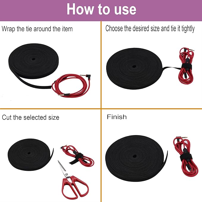 Cable Ties Reusable Straps Cable Wire Management Roll Black Fastening Double Sided Hook and Loop Tape (1/2inch)