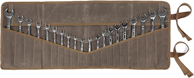 Denifiter Wrench Roll Up Pouch, Heavy Duty Waxed Canvas Tool Bag Tool Organizer Bag With 20+4 Pockets (Brown)