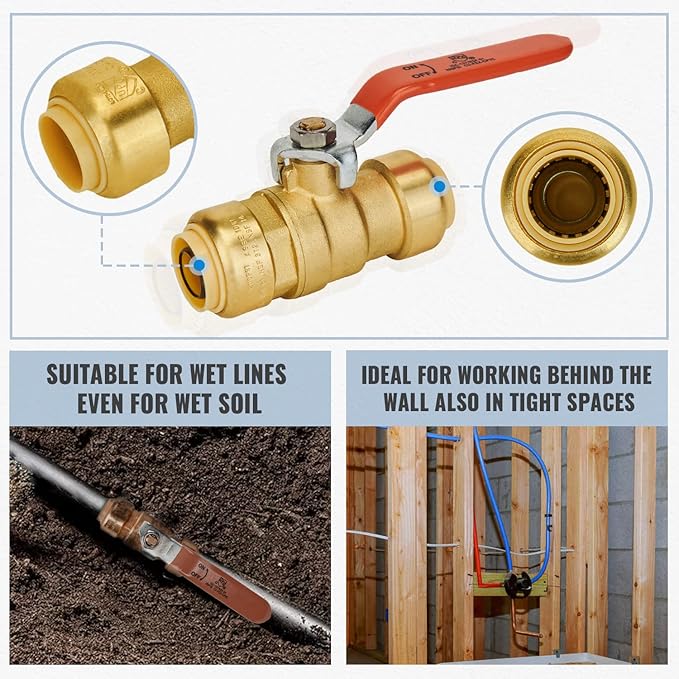 SUNGATOR 3/4 Inch Ball Valve, 3/4" Shut off Valve, No Lead Brass Push-to-Connect Plumbing Fittings, Full-Port Fit for PEX Pipe, Copper, CPVC, PE-RT, Pack of 2