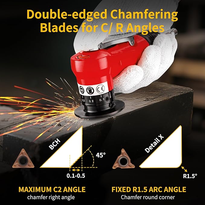 2 in 1 Pneumatic Chamfering Tool- Mini Air Chamfer Tool with Multi-Angle Chamfering Kit,45 Arc Corner Deburring Beveling Chamfer Machine for Metal, Acrylic,Woodworking (Red)