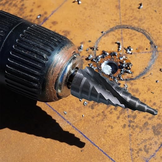 Four Spiral Flute Step Drill Bit, 3/16" - 7/8"(12 Sizes) 1/4" Hex Shank Cobalt Step Drill Bit Fully Coated with TiAlN for Metal, Stainless Steel, Aluminum, Plastic