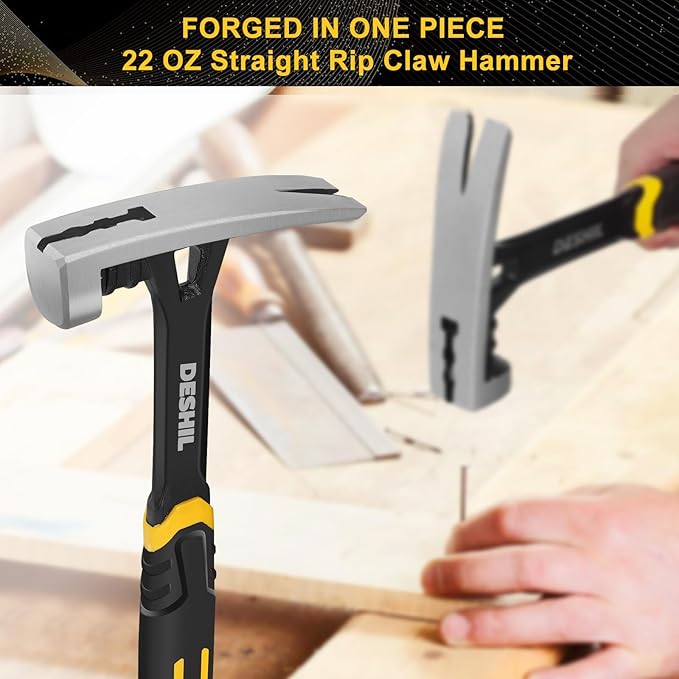 22 oz Straight Rip Claw with Fiberglass Handle, Drop Forged One Piece Claw Hammer, All Purpose Hammer, Smooth Face, Shock-Absorbing Grip