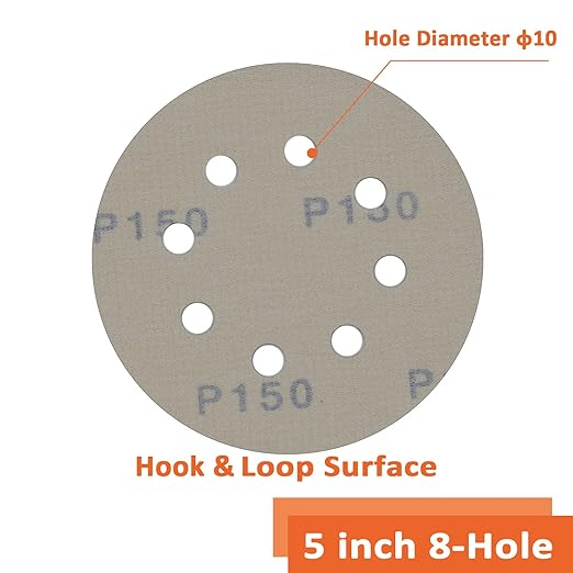 Orbital Sander Pads 5 Inch 8 Holes 150 Grit Sanding disc,Hook and Loop Wet/Dry Gold Replacement Sandpaper,Suitable for Wood,Plastic Grinding and Polishing,Pack of 50