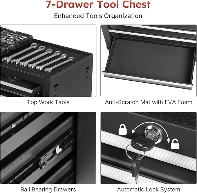 Rovibek 7-Drawer Rolling Tool Chest, Metal Rolling Tool Box with Lockable Drawers, Tool Box with Wheels for Garage, Warehouse, Workshop, Repair Shop, Large Capacity Tool Storage Cabinet (Black)