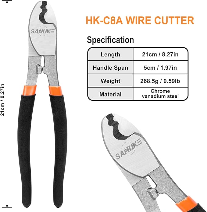 Sanuke Cable Cutters, 8-inch High Leverage Cable Cutter Heavy Duty-Multifunctional Industrial High Hardness Sharp Cutting for Copper, Aluminum, Wire, Communications Cable