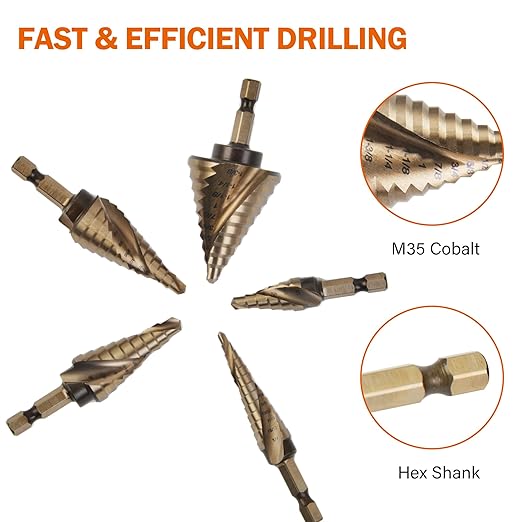 KENDO Two Spiral Flute Cobalt Step Drill Bits with Automatic Center Punch, 5PCS M35 High Speed Steel Unibit Step Bits, Total 50 Sizes, 1/4" Hex Shank, Ideal for Metal, DIY Lovers with Aluminum Case