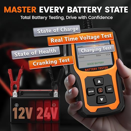 ANCEL BT410 12V Car Battery Tester for Lead-Acid & Lithium Batteries, 100-2000 CCA Automotive Battery Load Tester Health Cranking Charging Test for Car, Truck, SUV, RV, Boat