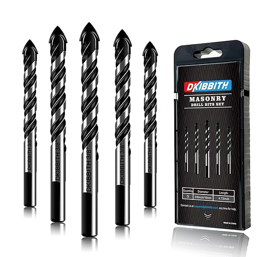 5-Piece 3/8“ Masonry Drill Bits for Tile Glass Ceramic Wall Brick Stone Soft-Metal Wood, 3/8 Inch Concrete Drill Bits Cement Drill Bit Set, 3-Flat Shank, YG8 Carbide Tungsten Steel Alloy Tip 10mm