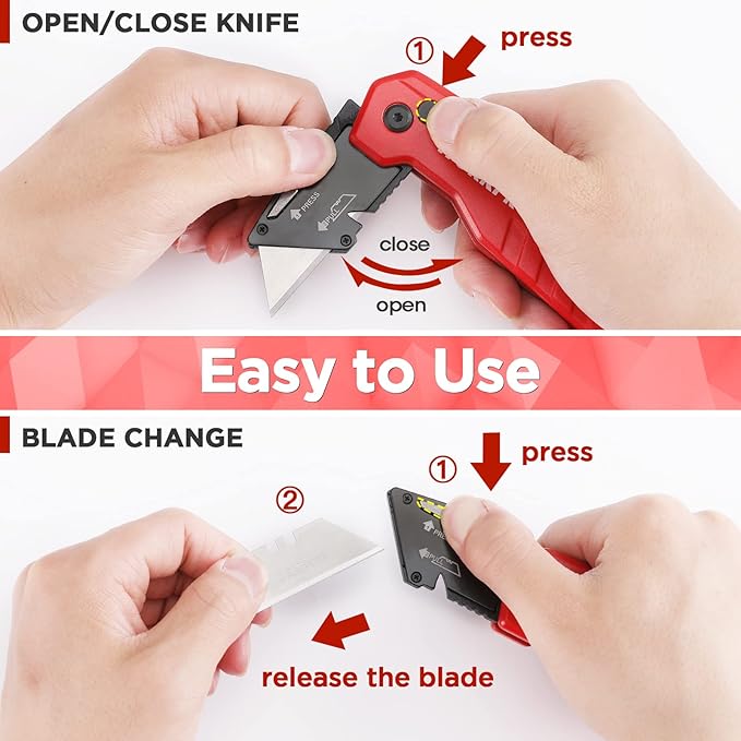 WORKPRO Folding Utility Knife, Quick Change Box Cutter, Razor Knife for Cartons, Cardboard, Boxes, Blade Storage in Aluminum Handle, 13 Extra Blades Included (Red)