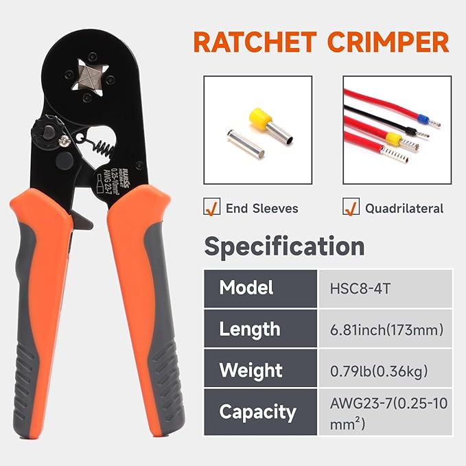 iCrimp Square Self-adjustable Wire Ferrule Crimping Tool for AWG23-7 Bootlace End-Sleeves Ferrule, Ratchet Crimper Kit (HSC8 6-4T)