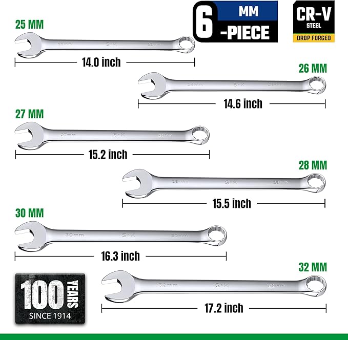 SK Long Pattern Combination Wrench Set, Metric 25 to 32mm, 6-Piece, SuperKrome Finish, Premium CR-V Construction, with Rolling Pouch