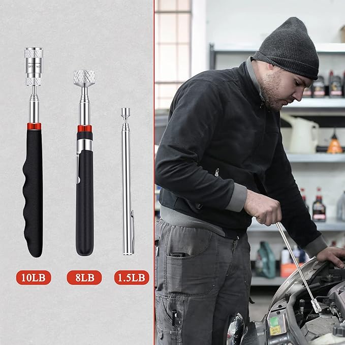 6 Pieces Telescoping Inspection Mirror Mechanic Magnet Stick Magnetic Pick Up Tool Round Mirror Inspection Tool Adjustable Telescoping Mirror 1.5 lb, 8 lb, 10 lb Telescope Tools for Men, Dad, Husband