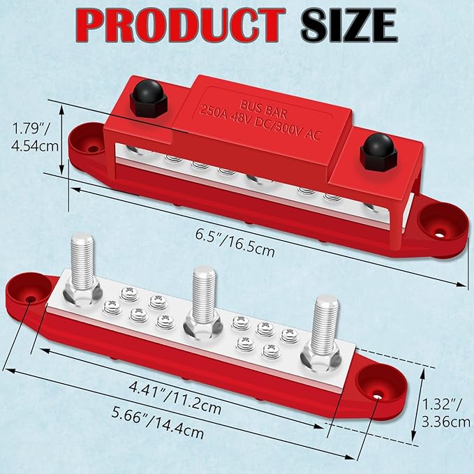 250A Power Distribution Block, 12V Bus Bar Marine 5/16" Stud, Busbars 12 Volt DC Battery Buss Bar, Automotive Busbar Terminal Block with Cover for Car and Boat (Black+Red)
