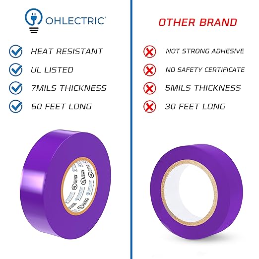 OHLECTRIC Professional Grade Vinyl Electrical Tape (10 Pack) Purple - 7 Mil Thick Flame-Retardant, Heat & Weather Resistant 3/4 Inch x 60 Feet | Ideal for Contractors & Electricians