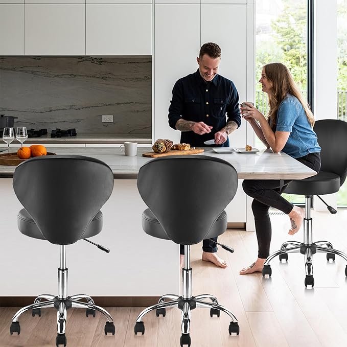 Set of 4 PVC Faux Leather Rolling Swivel Salon Stool Chair with Wheel Back Lumbar Support Seat Height 22 in Diameter 15 Inch Adjustable Hydraulic Chair for Office Massage Facial Spa 4 Pack
