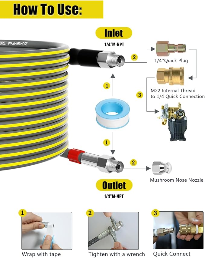 Sewer Jetter Kit for Pressure Washer 25FT, Drain Cleaner Hose 5800PSI 1/4 Inch NPT Corner with Sewer Cleaning Tool High Pressure Nozzle and Spanner Waterproof Tape