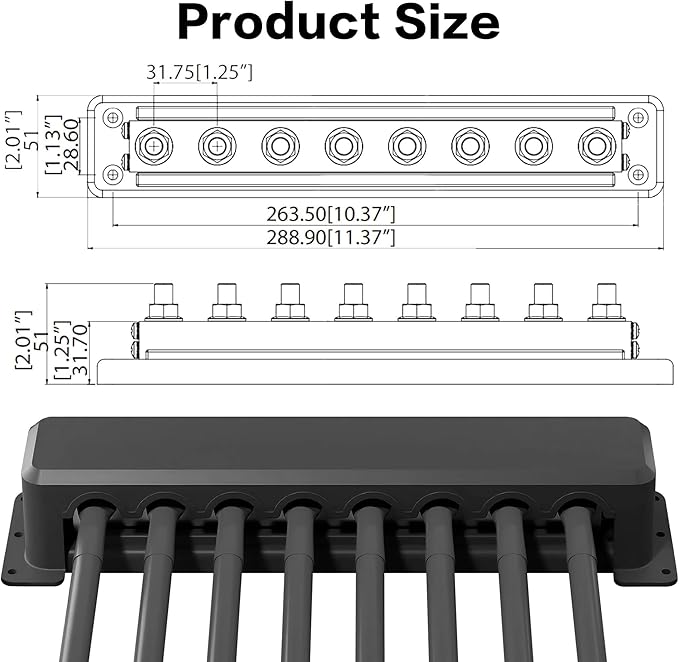 Iztoss 12 V Bus Bar Terminal Block 8 x 3/8"(M10) Terminal Studs,Battery Bus Bar Max 600 V AC 48 V DC Positive & Negative Battery Distribution Block for Battery Marine RV Truck