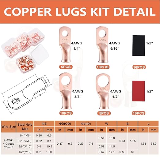 62PCS 4 AWG Ring Terminal Connectors Battery Copper Wire Lugs 4 Gauge 5/16", 3/8", 1/4", 1/2" with Heat Shrink Tubing Set, 30Pcs Battery Cable Ends and 32PCS Heat Shrink Tubing