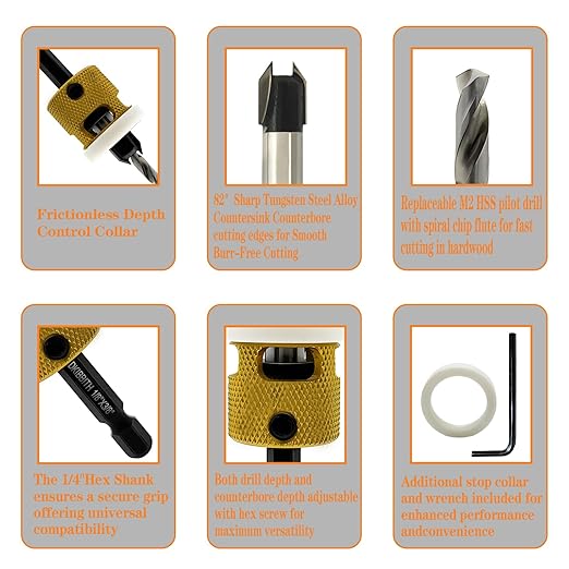 Hex Shank Countersink Drill Bit Set 3Pc #10#12#14 Woodworking Countersink Drill Bits with Adjustable Bit Depth Stop, HSS M2 Drill Bits in Size 1/8" 9/64" 5/32", 3/8" 82˚, with Storage Case