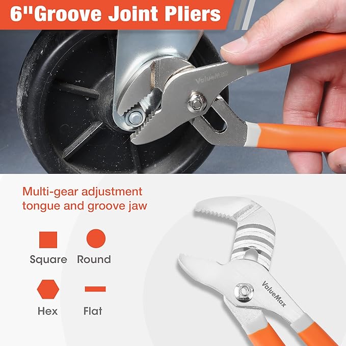 ValueMax 6-Piece Pliers Set, Includes 6 Inch& 4-3/4 Inch Long Nose Pliers, 6 Inch& 4-1/4 Inch Diagonal Pliers, 6 Inch Slip Joint Pliers, 8 Inch Groove Joint Pliers, Dipped Handle for DIY& Home Use