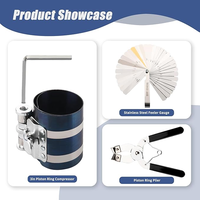 3 Inch Piston Ring Compressor Tool Car Engine Piston Ring Installer Removal Kit for Car Engine with Piston Installer Plier and Stainless Steel Feeler Gauge