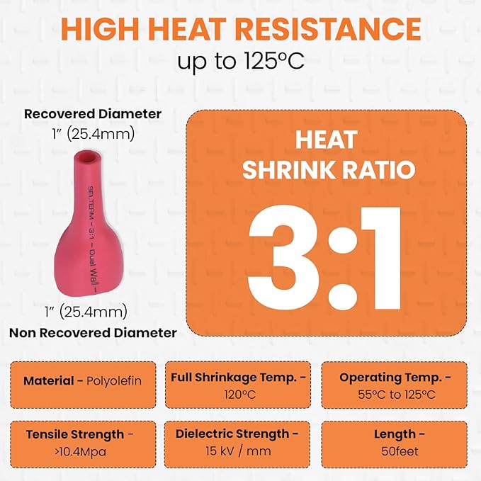 SELTERM 1" Red [50 Feet] Marine Grade Heat Shrink Tubing Roll, 3:1 Ratio Dual Wall Adhesive Lined Waterproof Heat Shrink Wrap Tube, for Battery Cable Lugs Wire Terminals Connectors