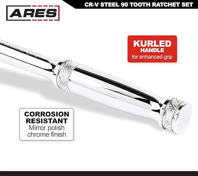 ARES 42048-3-Piece 90 Tooth Ratchet Set - Premium Chrome Vanadium Steel Construction & Mirror Polish Finish - Quick Release for Easy Socket Change - 90-Tooth Reversible Design with 4 Degree Swing