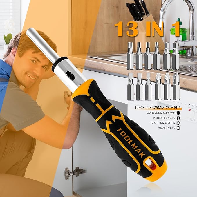 13-in-1 Ratcheting Screwdriver Set, Adjustable Multi-bit with Magnetic Tips (Flat, Phillips, Torx, Hex, Square, Nut Drivers), Cushion Grip Handle
