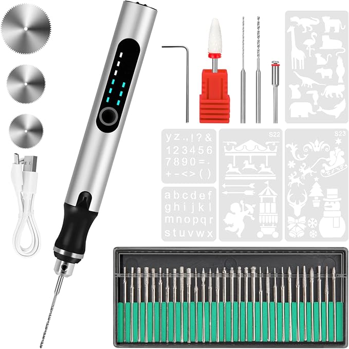 Engraving Pen with 37 Bits,Mini Electric Engraver Etching Machines Cordless Rotary Tools Engraved Jewelry Stone Metal Plastic Wood Resin Model (Silver)