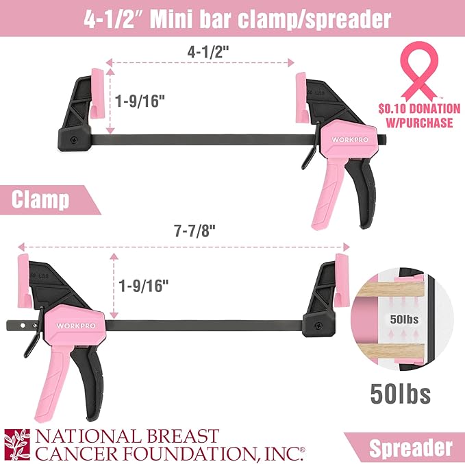 WORKPRO Mini Bar Clamps for Woodworking, 6"(2) and 4-1/2"(2), 4-Piece One-Handed Clamp/Spreader, Light-Duty Quick-Change F Clamp with 150lbs Load Limit - Pink Ribbon