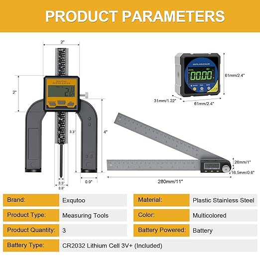 200 mm/8inch Digital Display Angle Ruler, Digital Angle Finder with Electronic Laser(Laser Output Power: 1 mW, Laser Class: I) and Digital Depth Gauge, for Woodworking, Home Renovation
