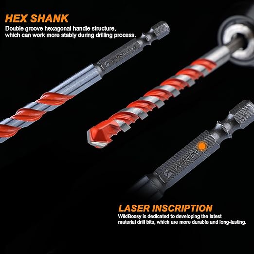 Concrete Carbide Drill Bits Hex Shank Masonry Cement Tile Drill Bit Set for Glass/Brick/Plastic/Cement/Tile 3/8" (5PCS)