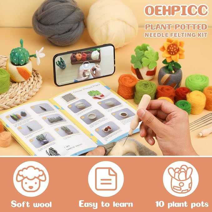 OEHPICC Needle Felting Kit, 10 Pack Plant Pot Needle Felting Starter Kit | - Image 3