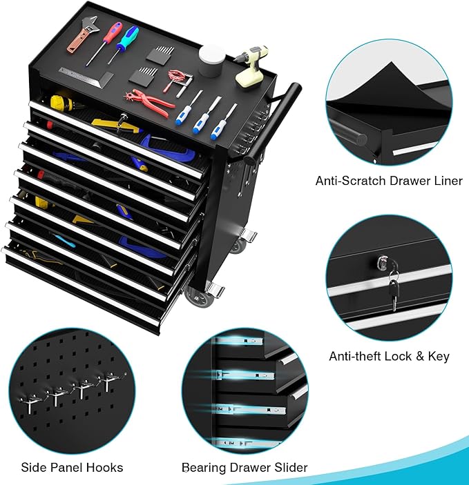 7 Drawers Metal Rolling Tool Chest, Portable Storage Rolling Tool Box, Toolbox on Wheels for Warehouse, Garage, Repair Shop and Tool Room (Black, 7-Drawer)