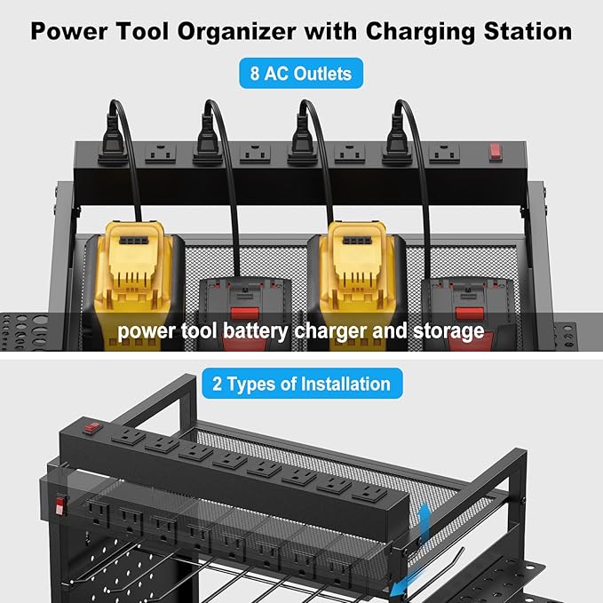 JUNNUJ Power Tool Organizer Floor Stand with Charging Station, Garage Adjustable Storage Rack Utility Tool Shelf with 8 Outlet Power Strip, Heavy Duty Drill and Battery Holder, Red