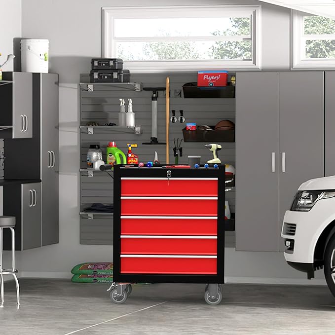 5-Drawer Rolling Tool Chest Toolbox, Rolling Tool Box with Wheels, Tool Chest with Keyed Locking System and Drawer Liners, Tool Box Organizer for Garage, Warehouse, Workshop(BlackRed)