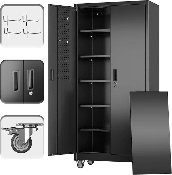 Aobabo Upgrade 71H''*34''W*18''D Metal Garage Storage Cabinet with Wheels and Pegboards, 5 Adjustable Shelves Steel Storage Cabinets for Home,Warehouse,Garage,Assembly Required,Black
